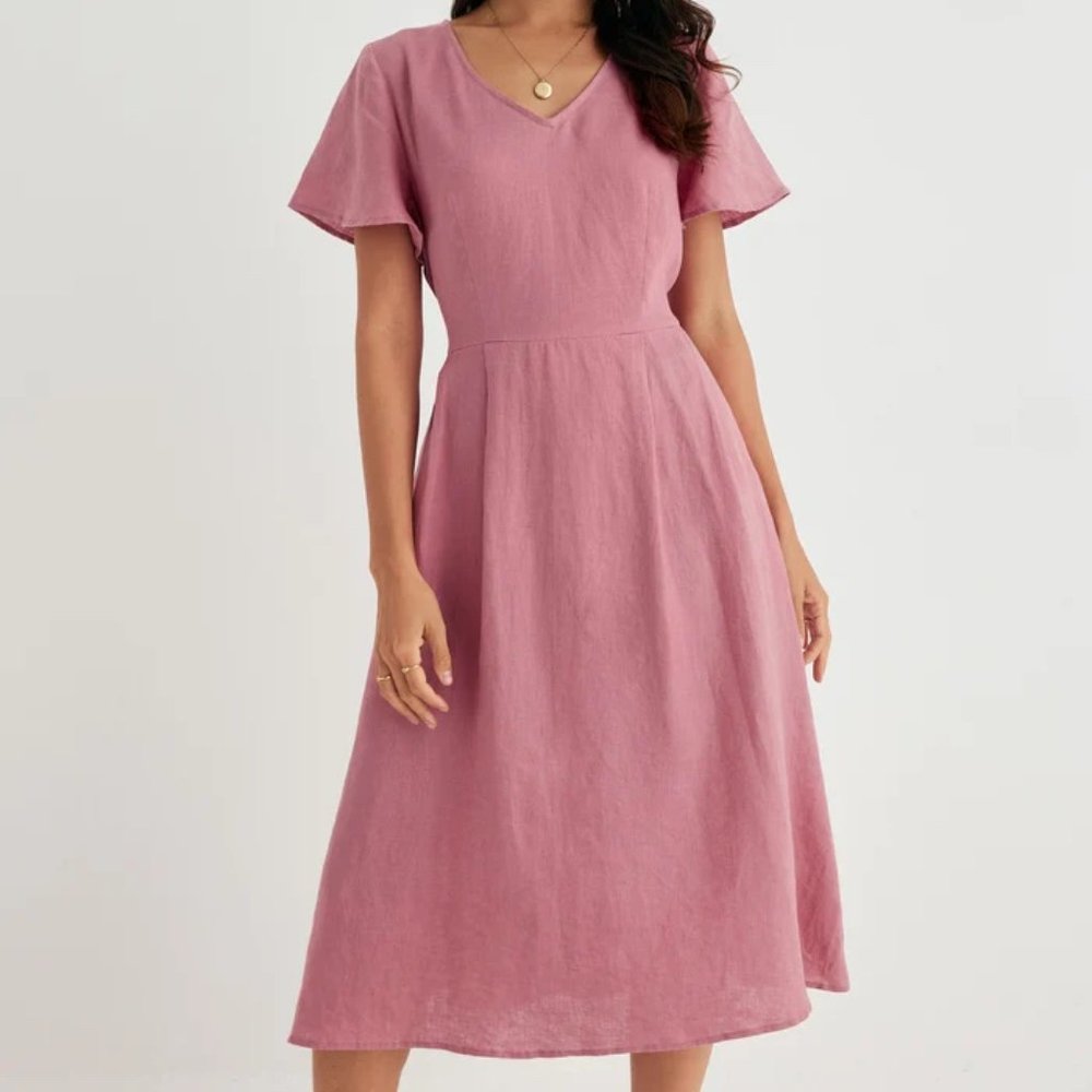 Grae Cove Hannah 100%Linen V-Neck Flutter Sleeve Midi Dress(Small, New with Tag)